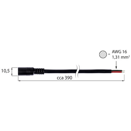 Power-Versorgungsstecker – Steckdose, mit 2-adrigem Kabel mit einem Querschnitt von AWG 16/1,31 mm², Länge ca. 405 mm. Dieser Stecker ist z. B. mit einem Netzteil aus Kunststoff, mit Stecker – Eurostecker beendet, zum Einspeisen von Fernbedienung, Dimmer etc. vorgesehen bzw. kann ein derartiges Netzteil einfach direkt am LED-Streifen (durch Löten, mit Klemmen etc.) angeschlossen werden. Der Stecker wird für einen max. Strom von 10 A empfohlen.