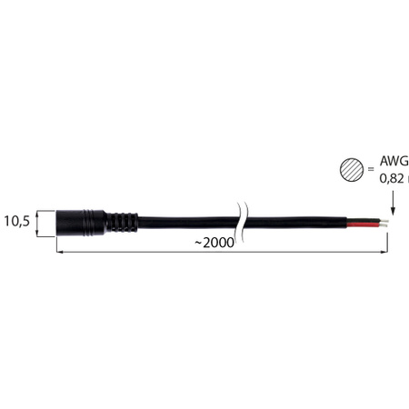 Power-Versorgungsstecker – Steckdose, mit 2-adrigem Kabel mit einem Querschnitt von AWG 18/0,82 mm², Länge ca. 2000 mm. Dieser Stecker ist z. B. mit einem Netzteil aus Kunststoff, mit Stecker – Eurostecker beendet, zum Einspeisen von Fernbedienung, Dimmer etc. vorgesehen bzw. kann ein derartiges Netzteil einfach direkt am LED-Streifen (durch Löten, mit Klemmen etc.) angeschlossen werden. Der Stecker wird für einen max. Strom von 10 A empfohlen.