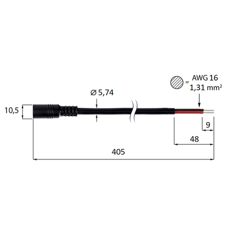 Power-Versorgungsstecker – Steckdose, mit 2-adrigem Kabel mit einem Querschnitt von AWG 16/1,31 mm², Länge ca. 405 mm. Dieser Stecker ist z. B. mit einem Netzteil aus Kunststoff, mit Stecker – Eurostecker beendet, zum Einspeisen von Fernbedienung, Dimmer etc. vorgesehen bzw. kann ein derartiges Netzteil einfach direkt am LED-Streifen (durch Löten, mit Klemmen etc.) angeschlossen werden. Der Stecker wird für einen max. Strom von 10 A empfohlen.